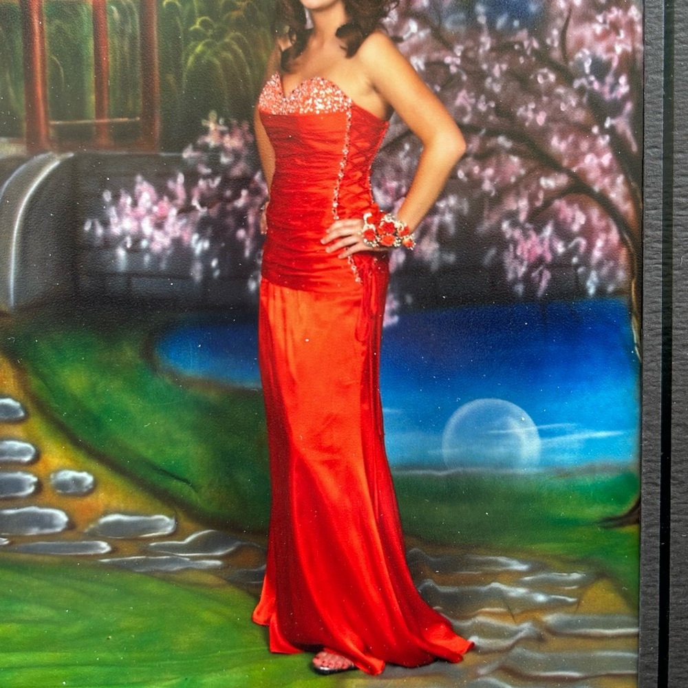 Mori Lee red-orange strapless dress